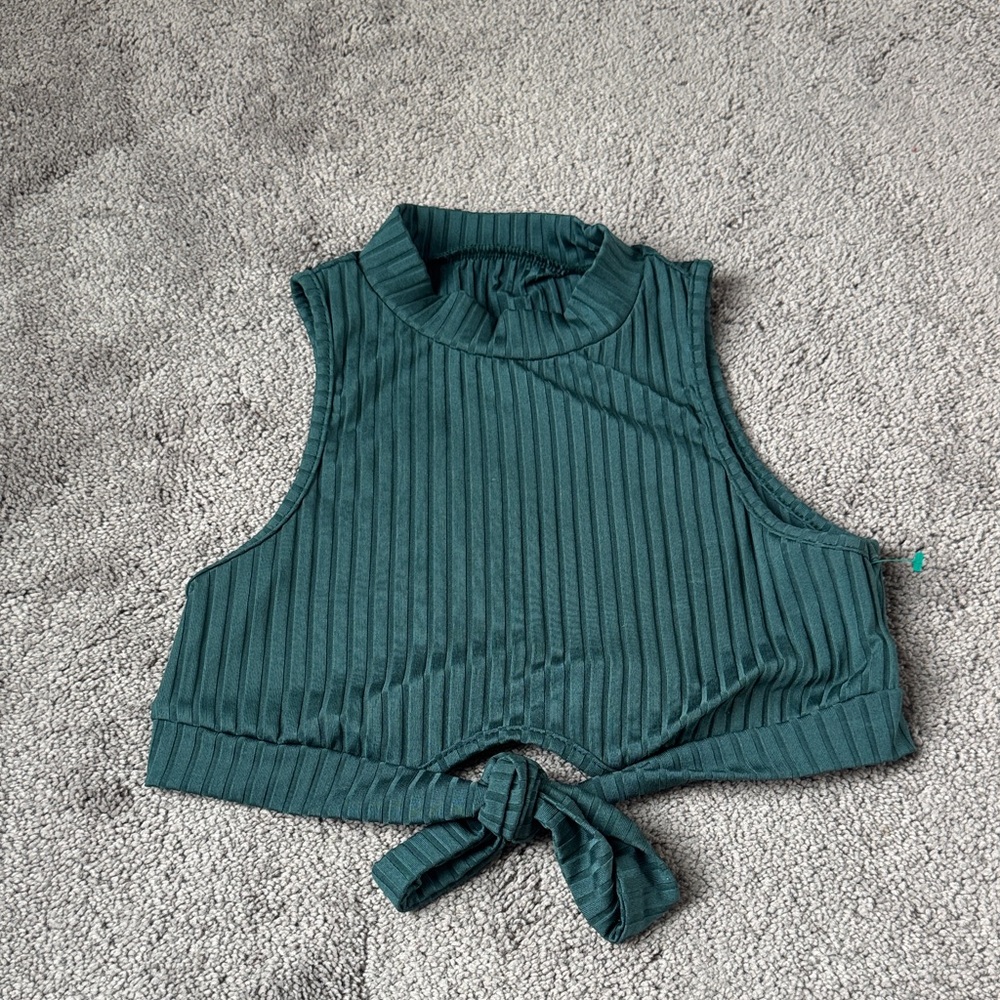 SHEIN Ribbed Mock Neck Tie Front Crop Top Teal Green Sleeveless SIZE M